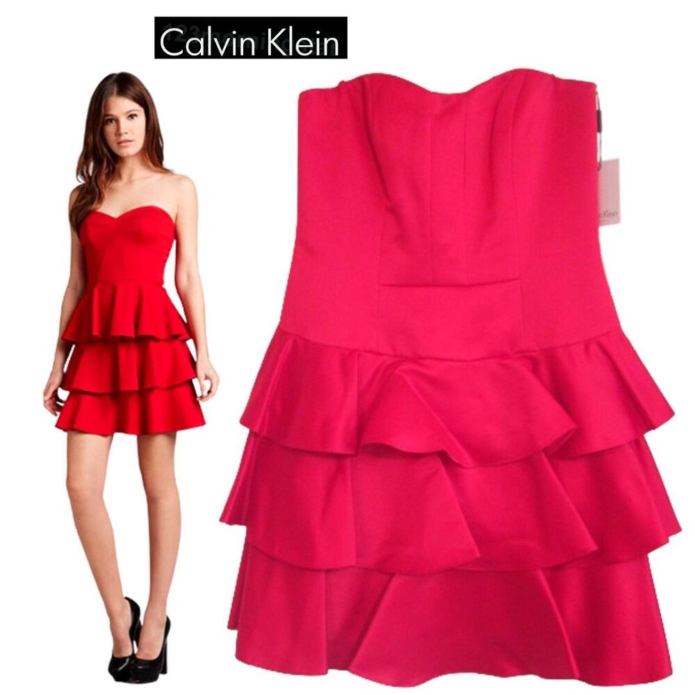 Calvin Klein Rouge Strapless Ruffle Mini Dress Sweetheart Formal 8 NWT
